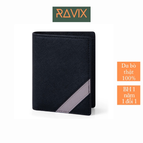 Ví Nam Da Bò Thật Gập Đôi Dáng Đứng Revo Đen Bóp Nam Cao Cấp Nhiều Ngăn Đựng Thẻ Saffiano Ravix