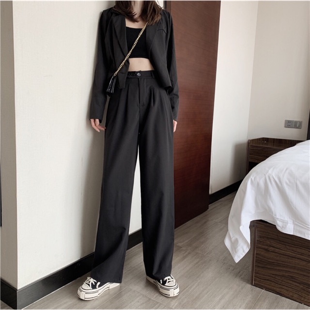 QUẦN TÂY ỐNG SUÔNG NỮ LƯNG CAO LƯNG PHỐI HAI NÚT GÀI ULZZANG BIGSIZE quần culottes ống rộng