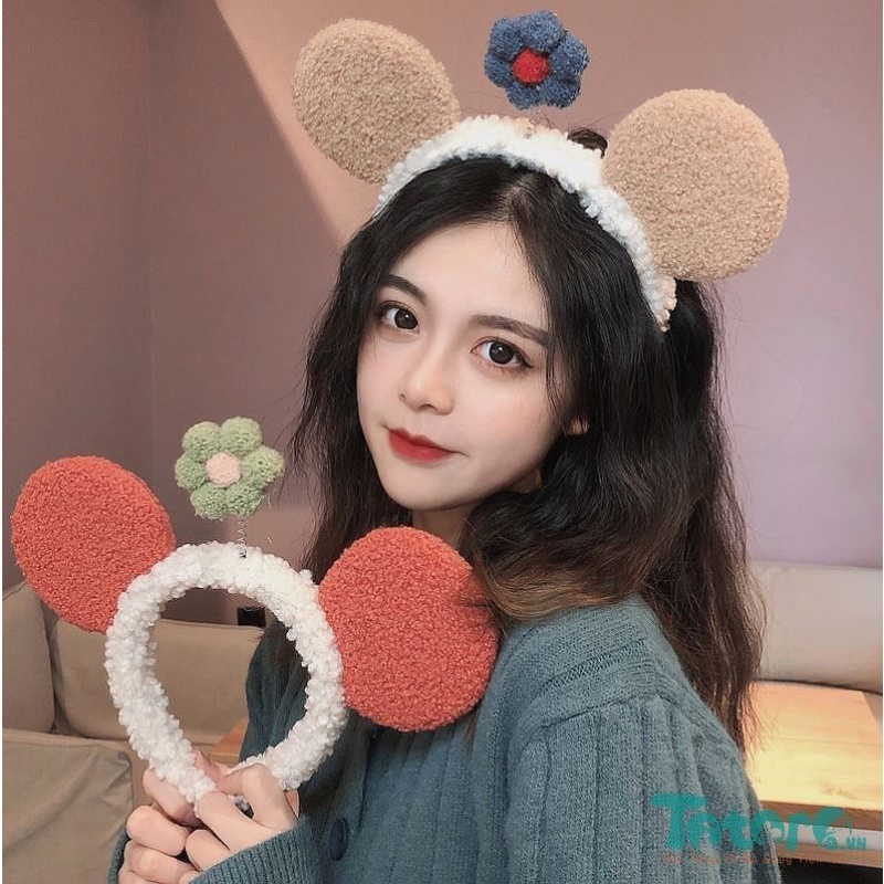 Cài bờm tai chuột mickey mọc hoa trên đầu makeup, rửa mặt