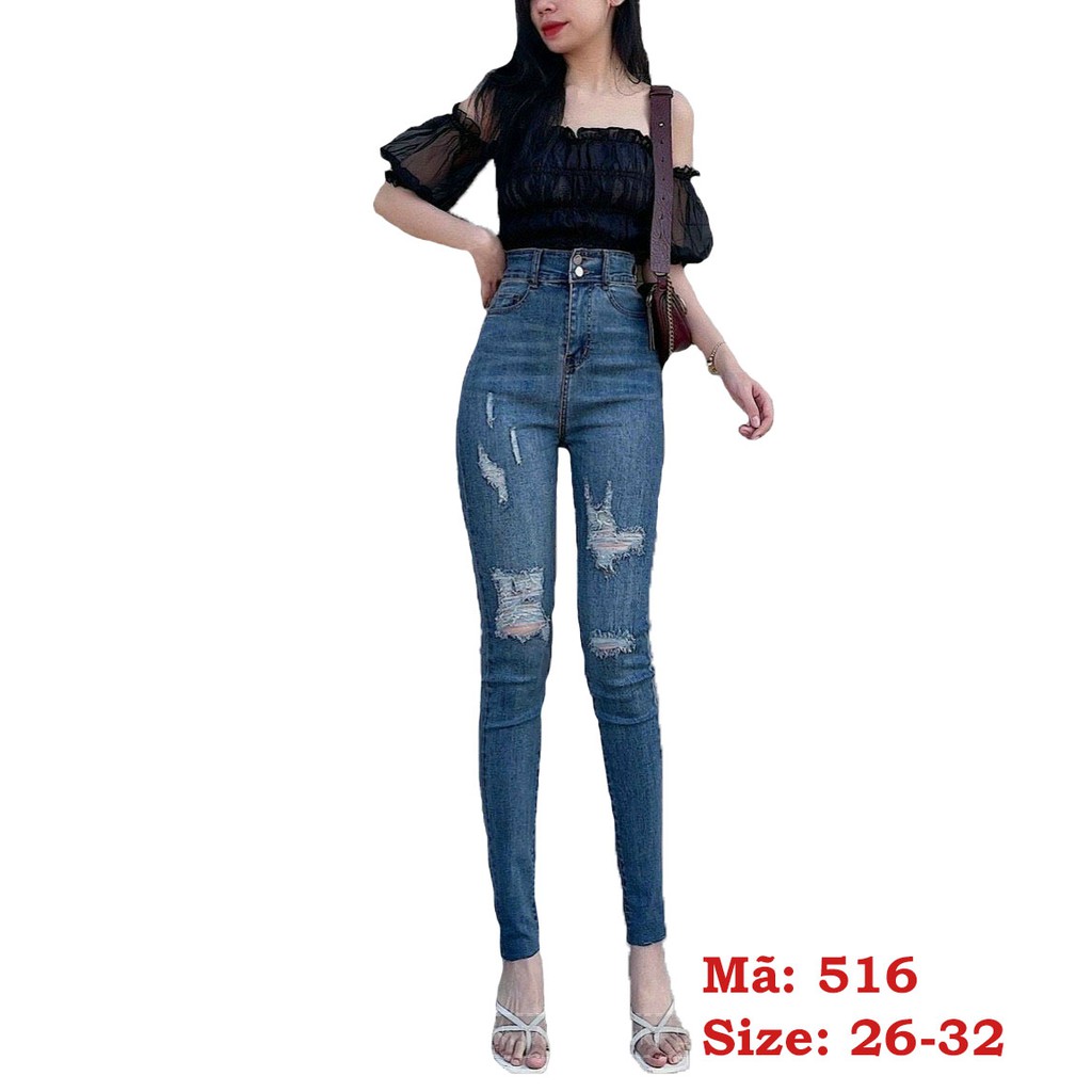 Quần jean Nữ Mẫu Mới ❤️FREESHIP❤️ Quần Bò Nữ Xanh Phối Rách Lưng Cao Tôn Dáng 2 Nút Chuẩn Skinny Có size đại - Mã 516