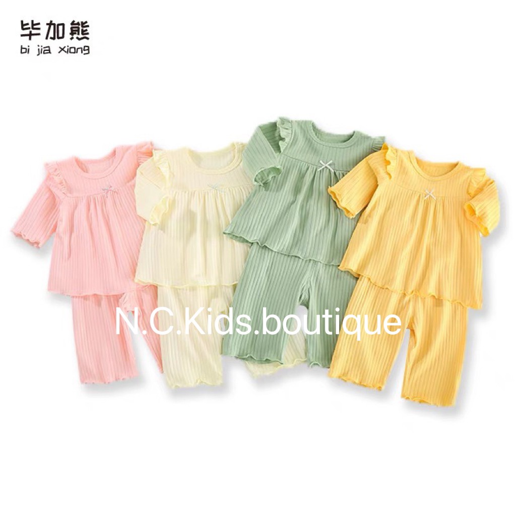 Bộ dài tay len tăm bé gái, bộ tăm đũa Quảng châu bèo vai ống rộng dáng xòe xinh xắn cho bé