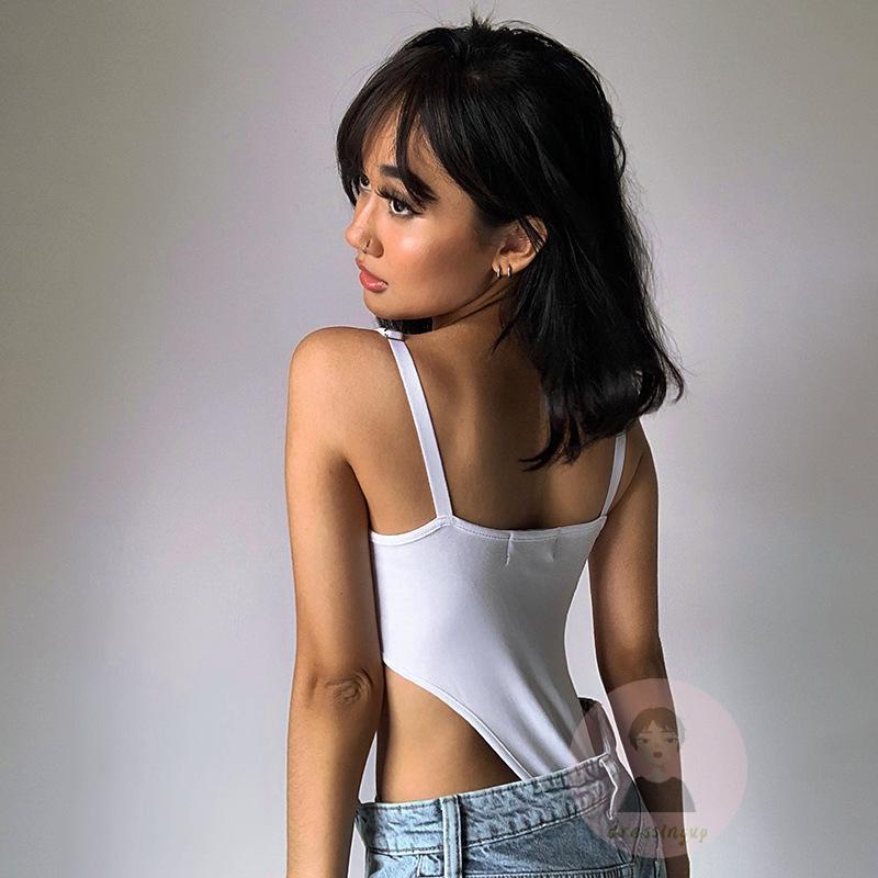 DRE-Women Bodysuit, Spaghetti Strap High-cut Letters Print Slim Fit Jumpsuit