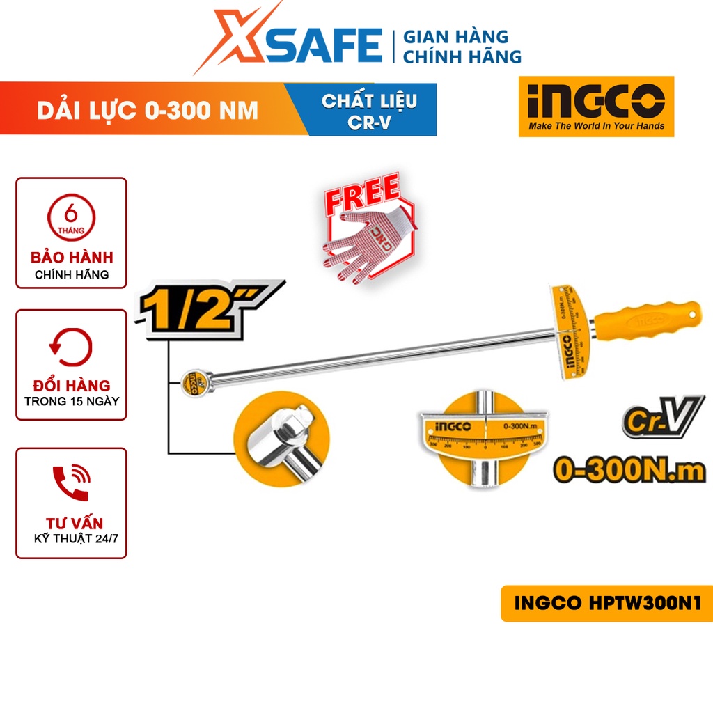 Cờ lê lực INGCO HPTW300N1 Cần siết lực chất liệu CRV chắc chắn, chịu nhiệt, dải lực 0-100Nm, đầu vuông 1/2 inch