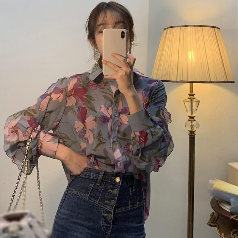 Áo Nữ Tay Dài Cổ Chữ V In Hoa Thời Trang Hàn Quốc