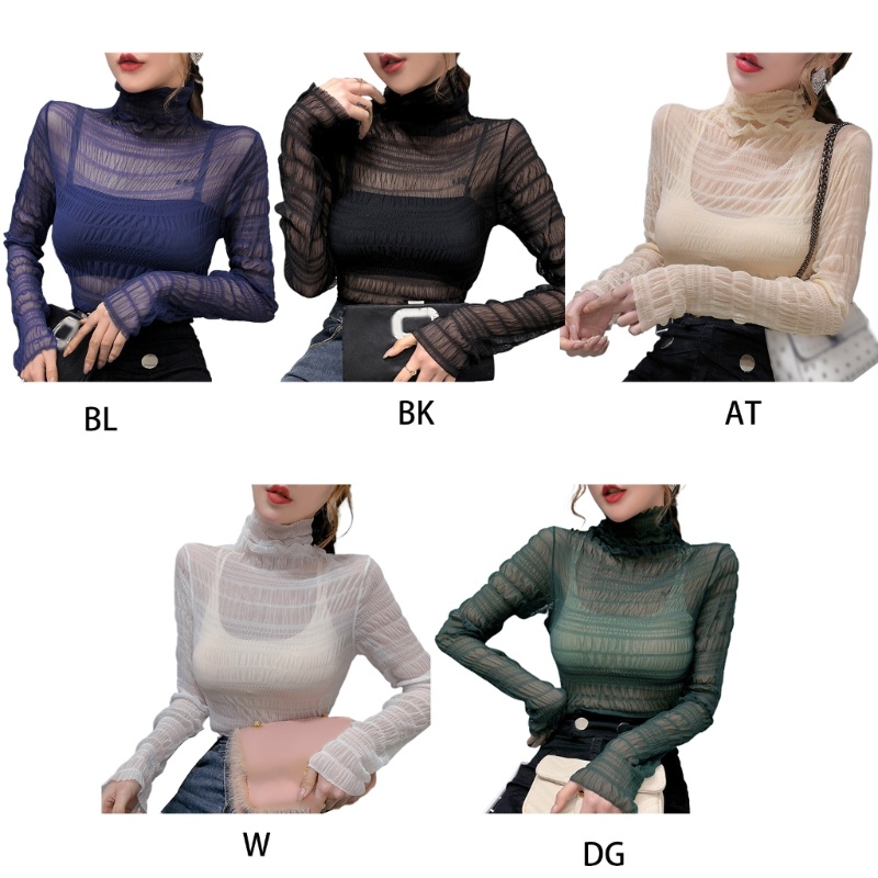 Áo Thun Dài Tay Cổ Lọ Phối Lưới Xuyên Thấu Thời Trang Cho Nữ