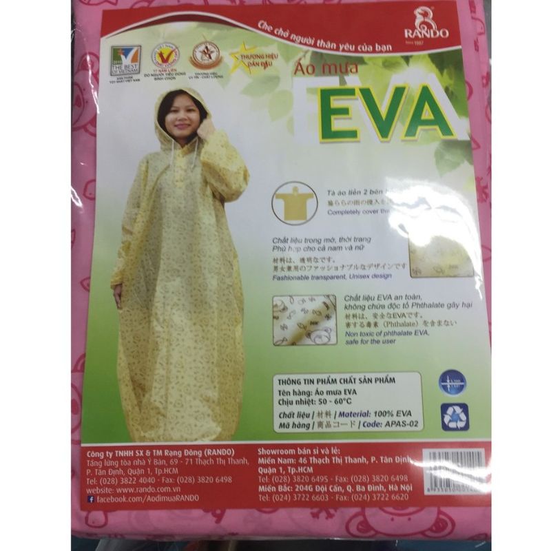 Áo Mưa RANDO Eva Apas-02 | Họa Tiết GấU - Chất Liệu Trong Mờ, Dẻo Dai, Mềm Mại - Freesize | Trùm Nhanh, Kín 2 Bên Hông