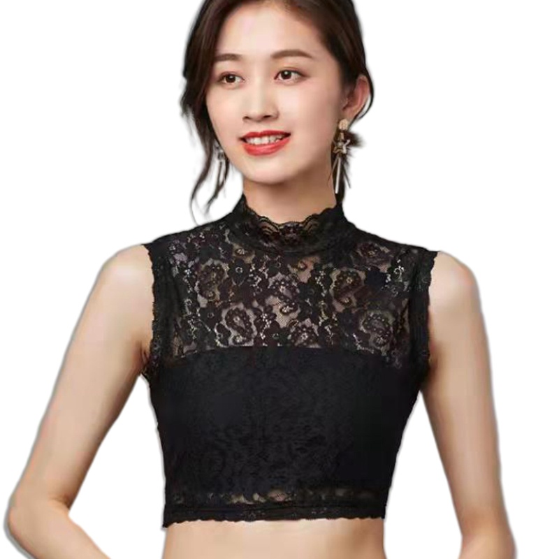 Áo Kiểu Cổ Đứng Phối Ren Hoa Xuyên Thấu Không Tay Tháo Rời Được Cho Nữ