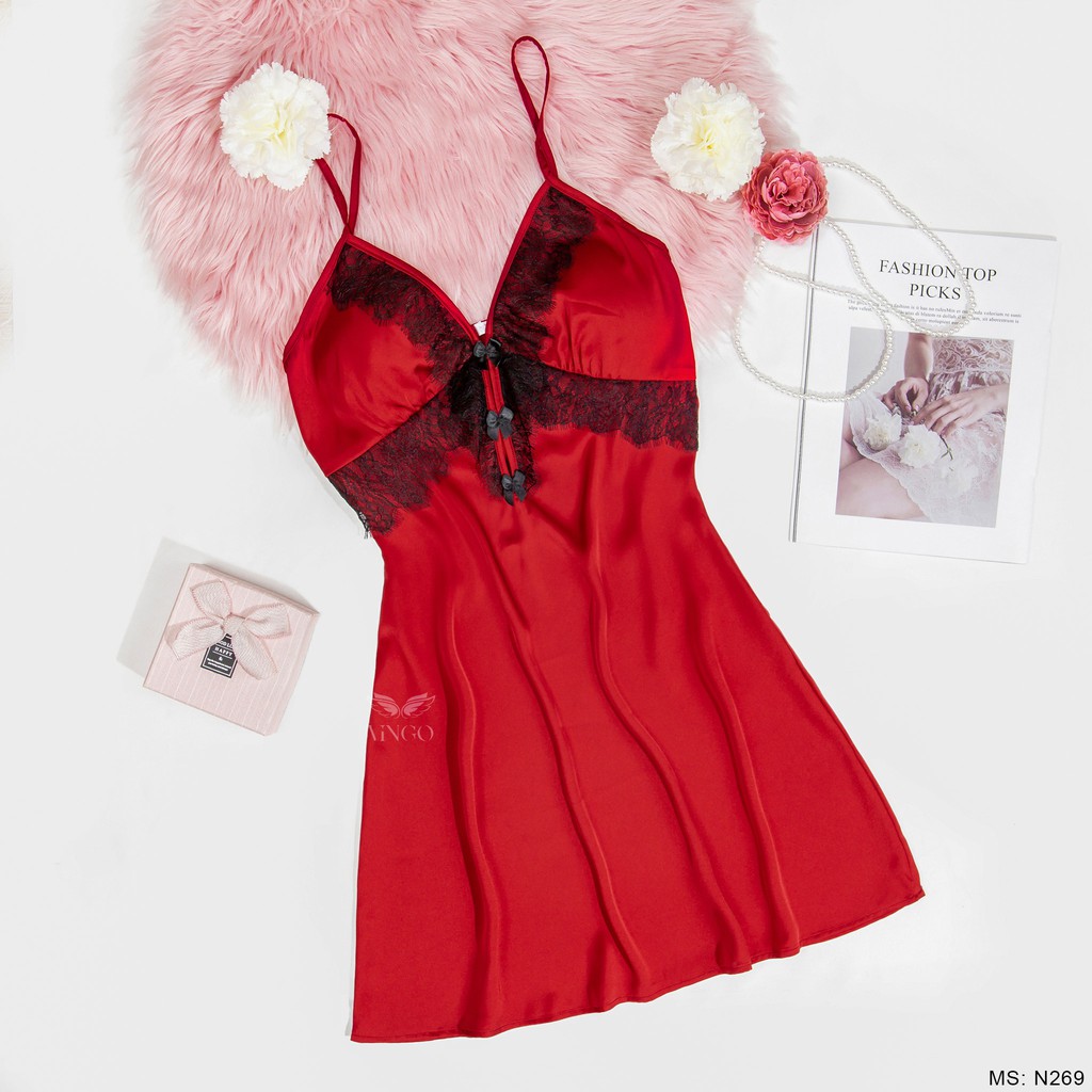 VINGO Váy Ngủ Nữ Lụa Pháp Đỏ Đậm Phối Viền Ren Đen Đính Nơ Đen Trẻ Trung Cao Cấp N269DD VNGO | BigBuy360 - bigbuy360.vn