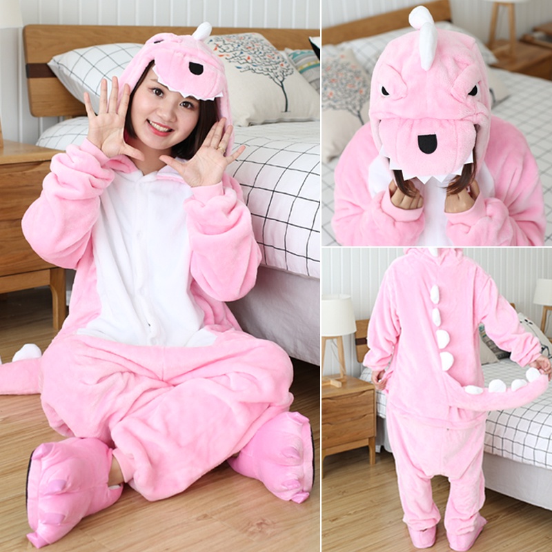 Bộ Đồ Ngủ Liền Thân Hóa Trang Khủng Long Hồng Bằng Vải Flannel Dành Cho Người Lớn