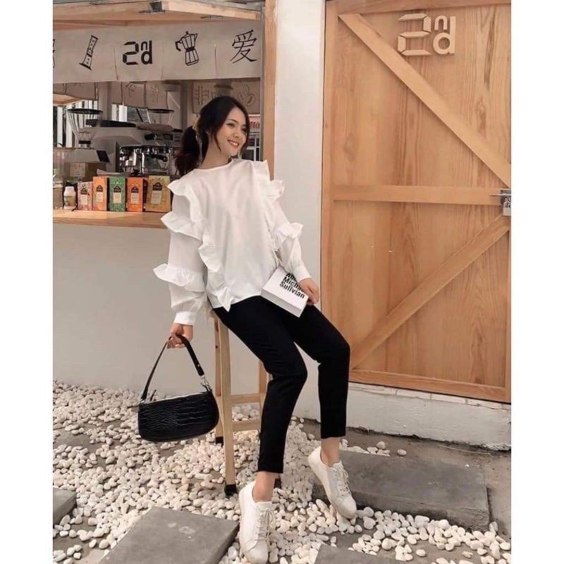 Áo sơ mi trắng dài tay nữ phối BÈO VAI phom rộng dáng suông kiểu dáng nữ tính vintage