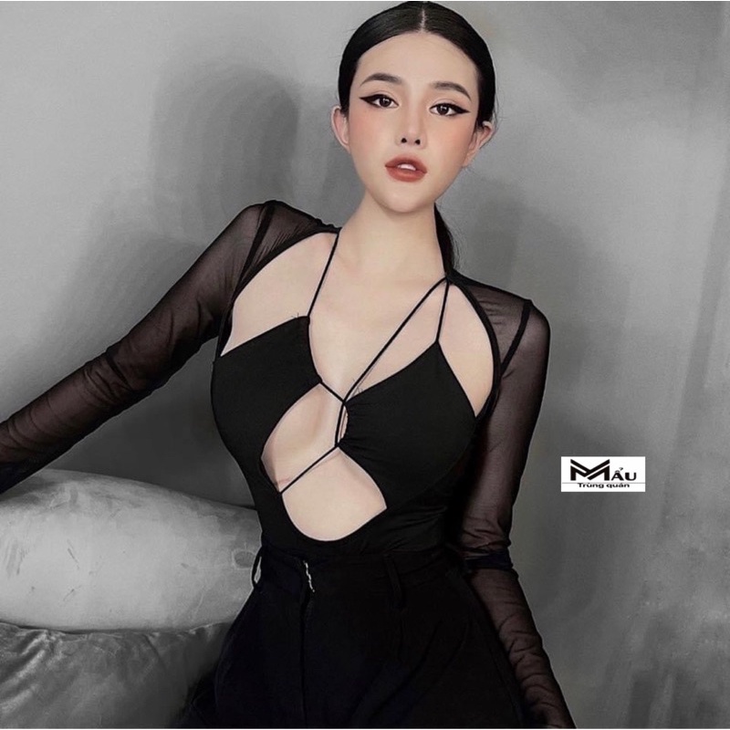 Áo bodysuit nữ khoét sexy chất thun phối lưới co giãn style sexy size 45-54kg
