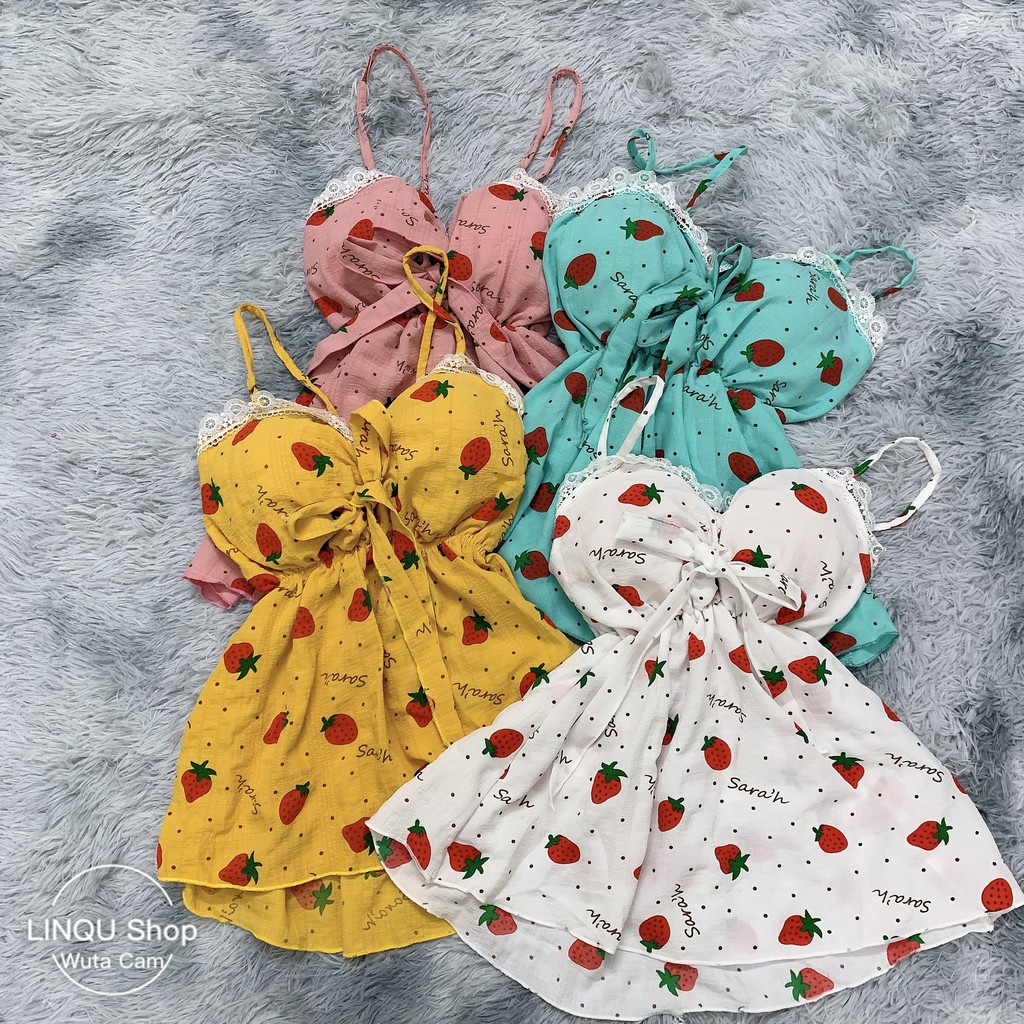 Đồ ngủ sexy 💋Freeship💋 Đồ ngủ sexy 2 dây in hình trái dâu Freesize dưới 60kg | BigBuy360 - bigbuy360.vn