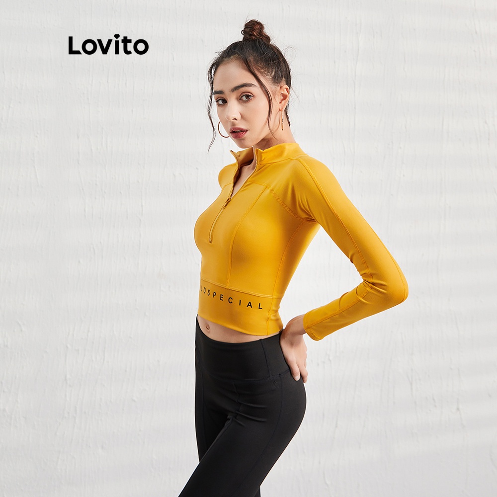 Áo khoác thể thao cổ đứng in chữ Lovito phối khóa kéo màu vàng L07050 | BigBuy360 - bigbuy360.vn