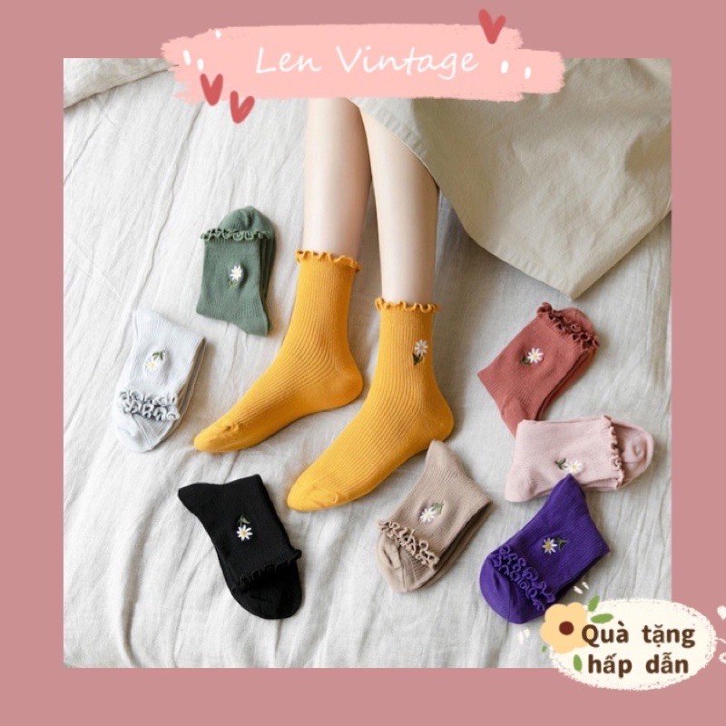 Tất cổ cao thêu hoa cúc Retro phối giày oxford vintage kiểu Nhật cô gái ulzzang retro sinh viên nữ vớ trơn cotton