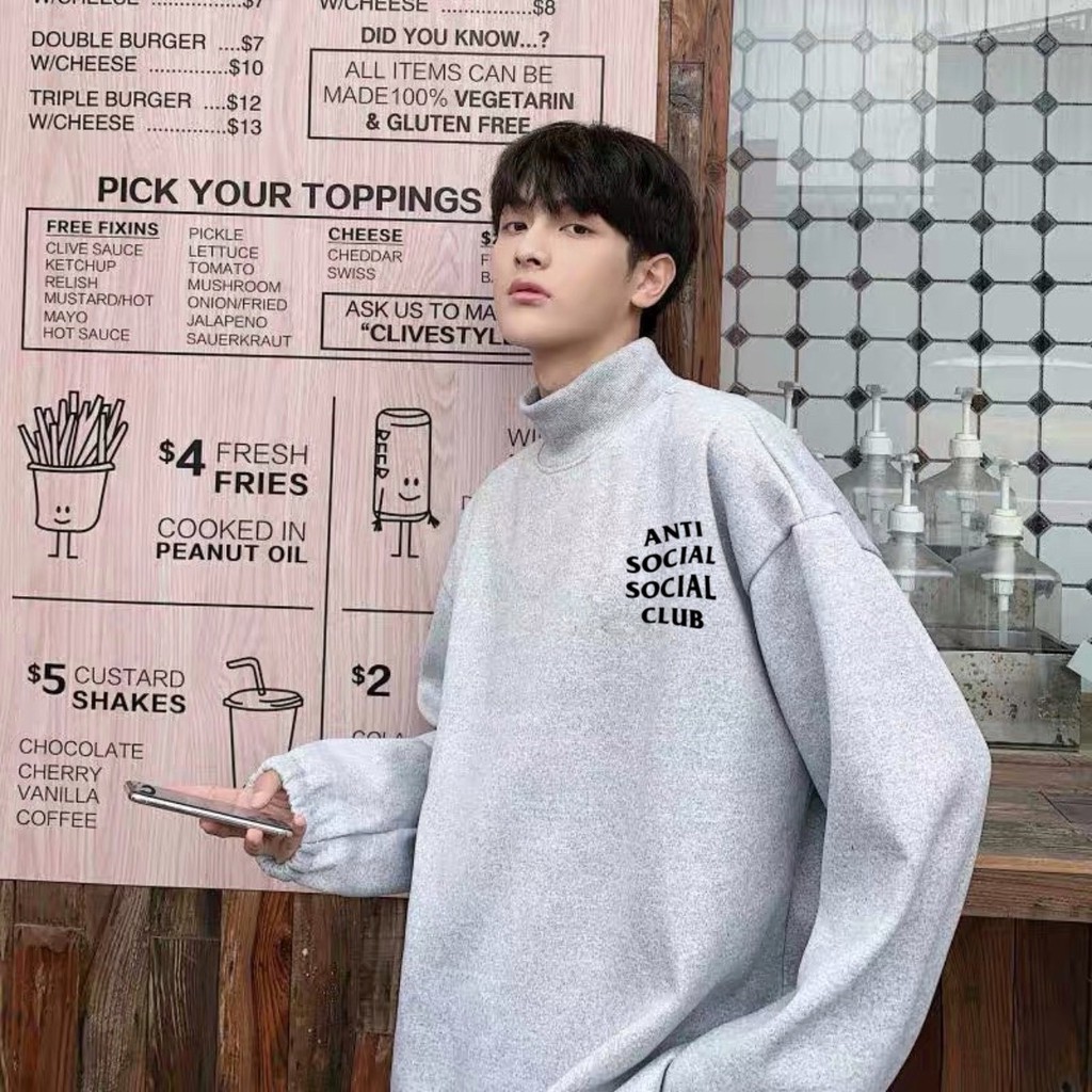 Áo sweater unisex cao cổ nỉ bông anti social club - Áo dài tay nỉ nam áo dài tay nữ mùa đông chất nỉ cotton<75kg