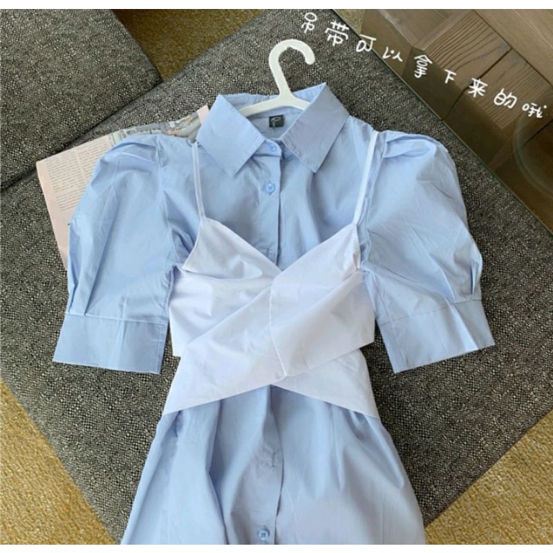 Đầm sơmi tay bồng phối nơ Ullzang