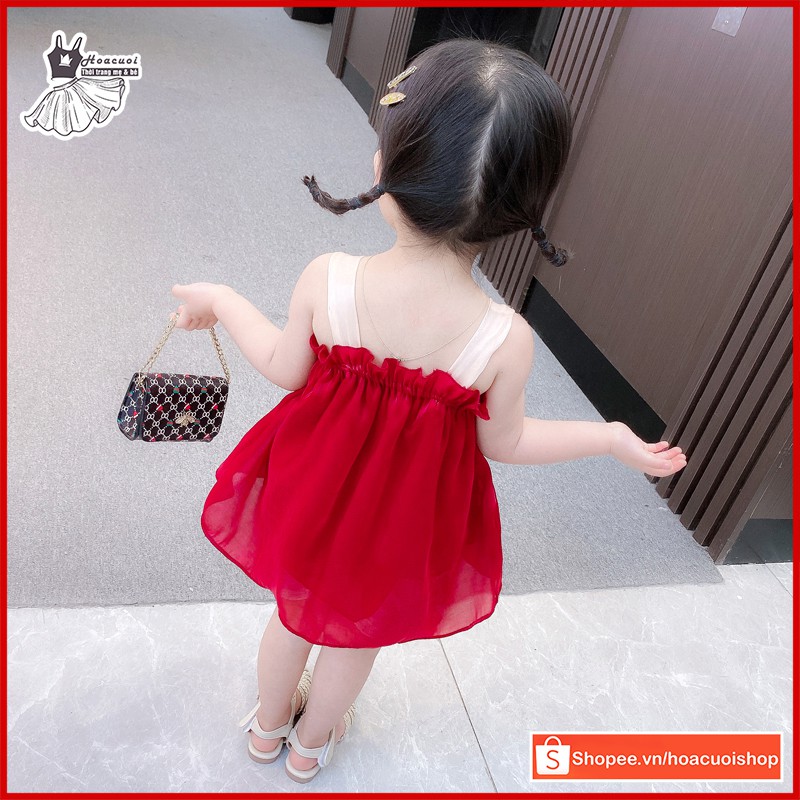 Đầm váy hở vai HC21 hai dây tiểu thư phối nơ siêu cute cho bé gái 8Kg - 20Kg mùa hè