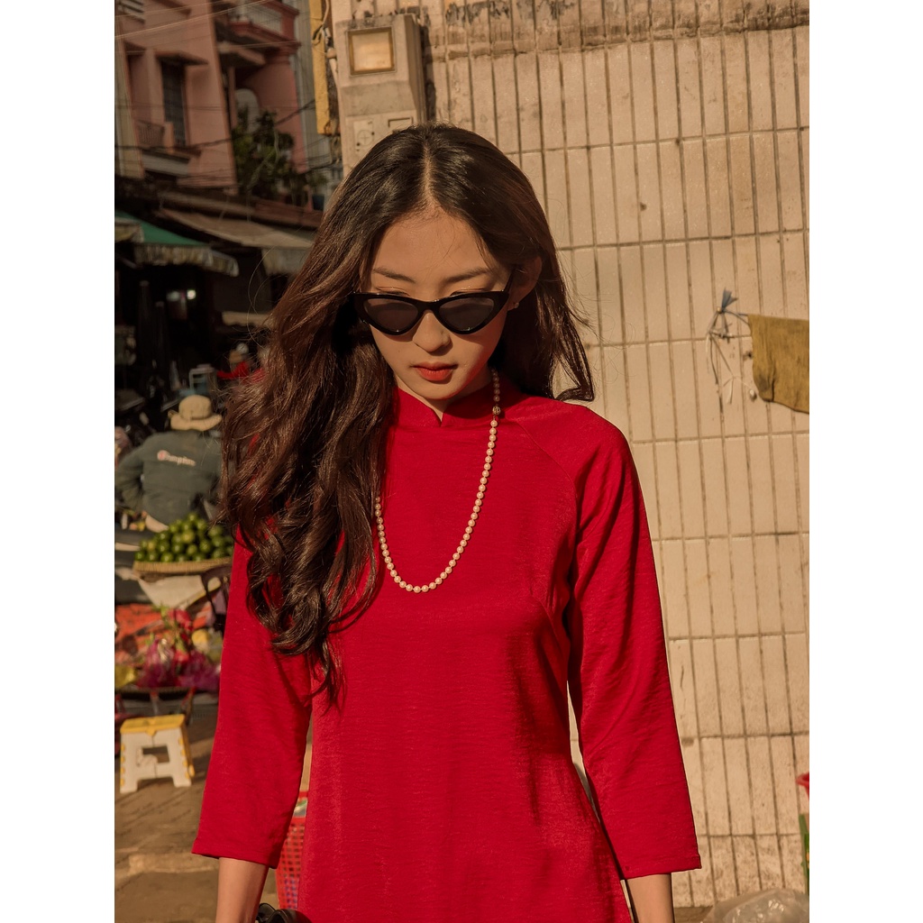 Set Áo Dài Rosemary Lụa Tây thi Đỏ tươi