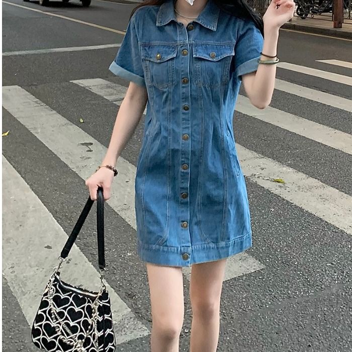💥Đầm Denim Mùa Hè Dáng Chữ a Tay Ngắn Phong Cách Preppy Kiểu Mới Cho Nữ