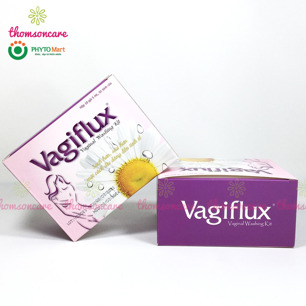 Bình rửa vệ sinh phụ nữ Vagiflux gồm 1 bình rửa và 10 gói muối, tạo thành dung dịch vệ sinh rửa phụ khoa sâu