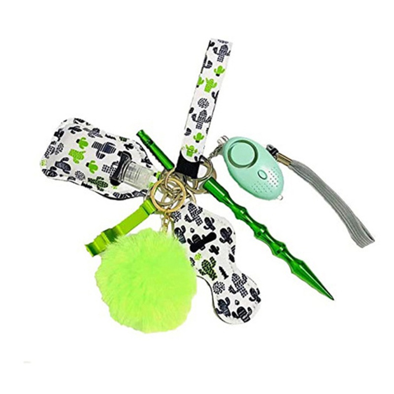 Set móc khóa kèm báo động đính bóng lông gắn chai đựng nước rửa tay/ son dưỡng môi + dụng cụ mở nắp chai an toàn cho nữ