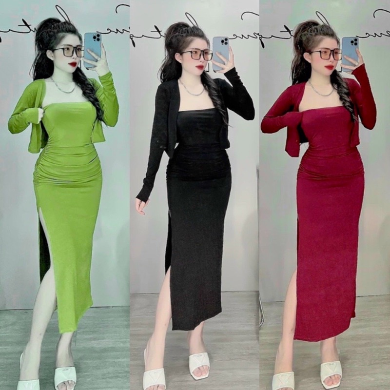 SÉT ĐẦM BODY ÔM XẺ TÁO BẠO KÈM ÁO KHOÁC THU ĐÔNG DBD77