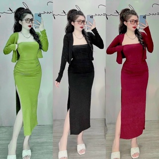 Sét đầm body ôm xẻ táo bạo kèm áo khoác thu đông dbd77