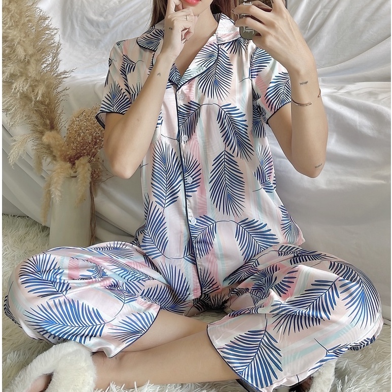 Set pijama quần dài áo tay ngắn lụa latin họa tiết viền có túi ngực - Đồ ngủ cao cấp Châu Sa