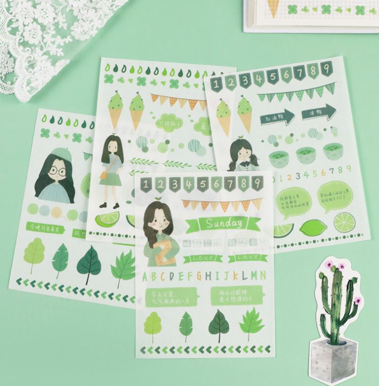 Bộ 4 Tấm Nhãn Dán Sticker Trang Trí Sổ Màu Bạc Hà 72038
