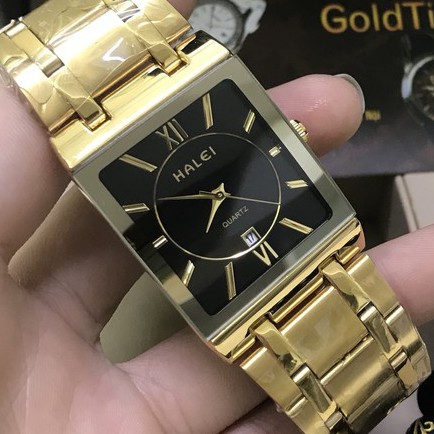 [FLASH SALE]Đồng hồ nam HALEI vuông dây thép- TẶNG 1 vòng tỳ hưu - dây vàng mặt đen