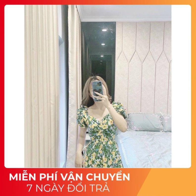 [ 𝐅𝐑𝐄𝐄 𝐒𝐇𝐈𝐏 ] VÁY HOA LÁ XANH VÀNG TO CỔ V RÚM