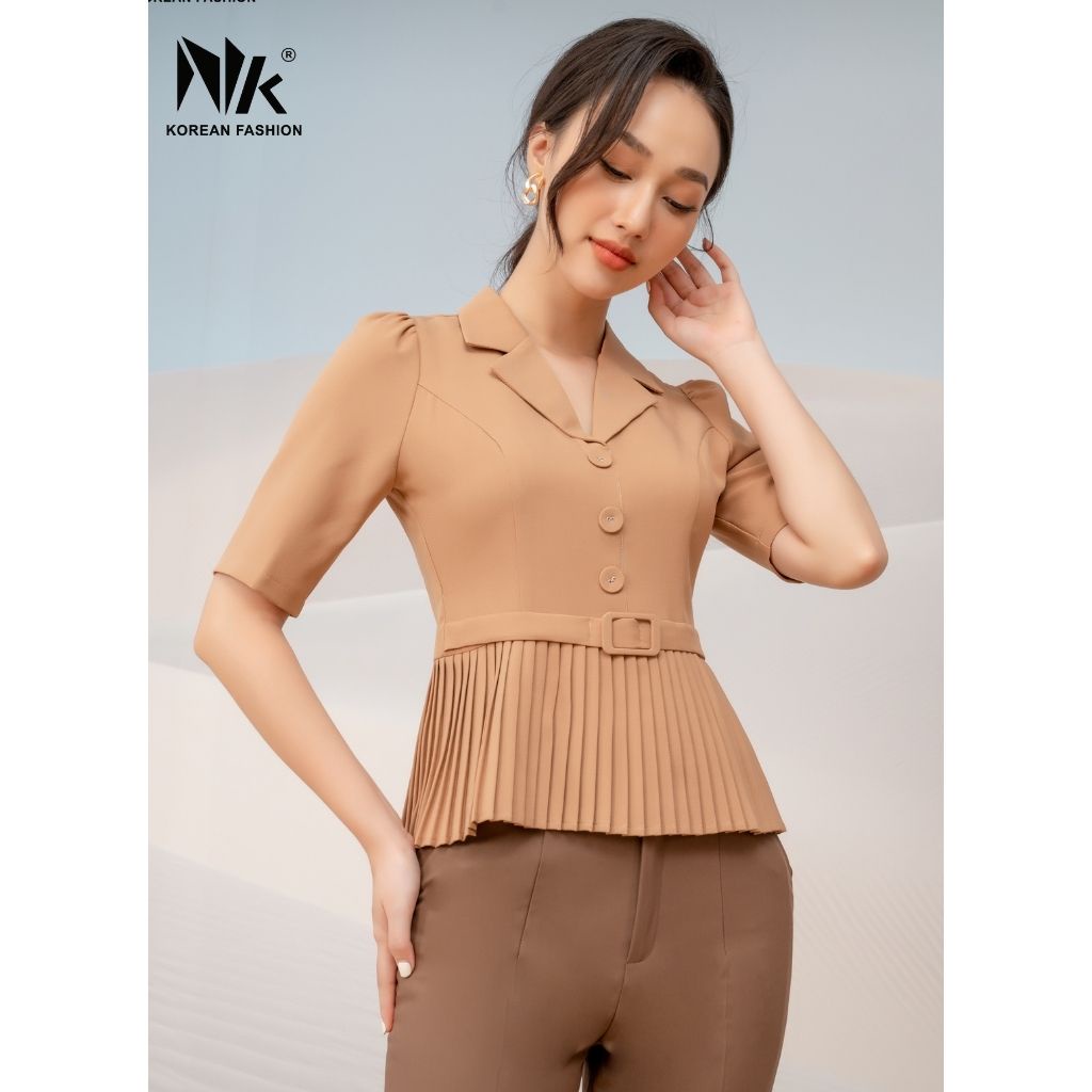 Áo Ký Giả Peplum Dập Ly NK Fashion Thiết Kế Tay Ngắn Bo Eo Điệu, Chất Liệu Nhập Hàn Mềm Mịn NKFSM2110001