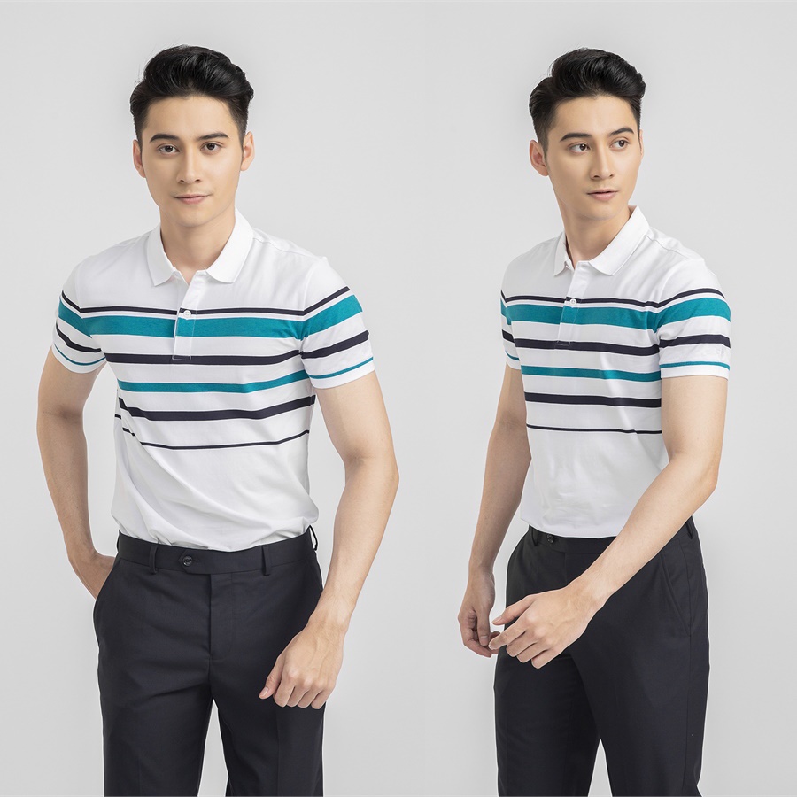 Áo thun polo nam Aristino APS001S1 phông ngắn tay cổ bẻ dáng slim fit ôm nhẹ màu trắng kẻ xanh cổ vịt vải cotton cao cấp