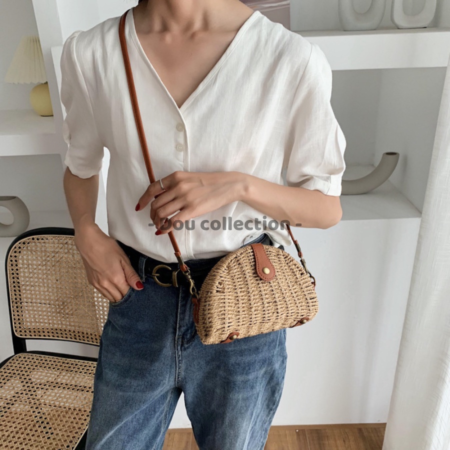 Túi cói đi biển nữ, Túi đeo chéo mini rơm Raffia trơn phong cách Vintage thời trang mùa hè màu nâu be - Mã TC013