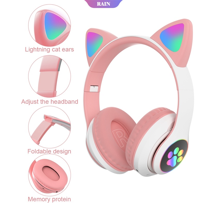 Tai Nghe Bluetooth Không Dây Hình Tai Mèo Dễ Thương Có Đèn LED Và Mic Cho Bé Gái