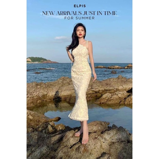 SALE - Đầm dây ôm body, ren hoa nổi màu kem