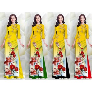 SÉT ÁO DÀI LỤA TRUYỀN THỐNG IN HOA SỨ QUẠT 4D