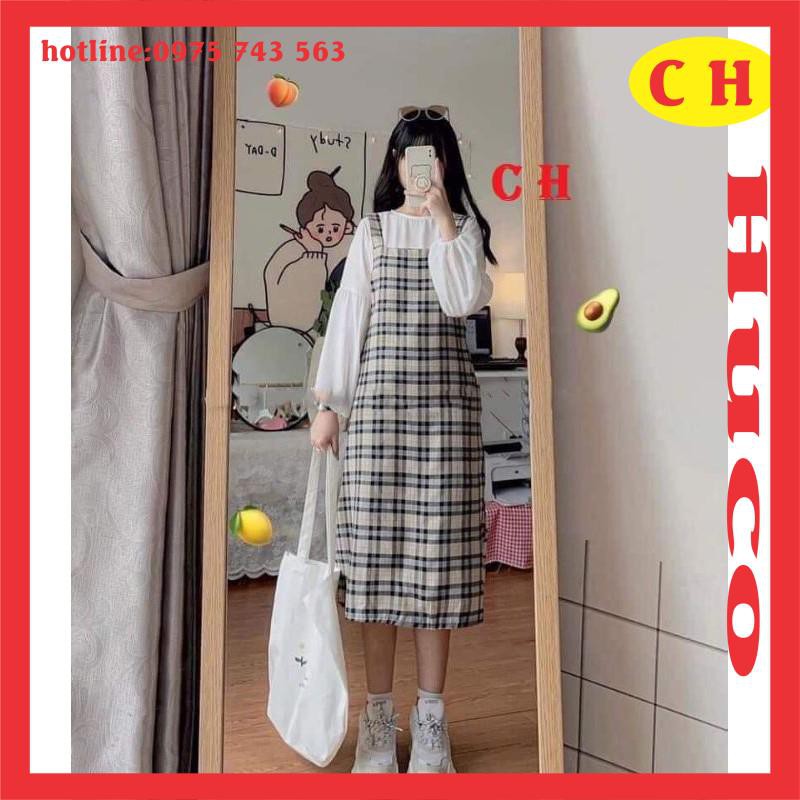 sét yếm váy nữ,yếm babydoll kẻ karo mix áo trắng tay bồng chất von lụa,sét đầm điệu đà mặc đi chơi freesize kèm ảnh thật