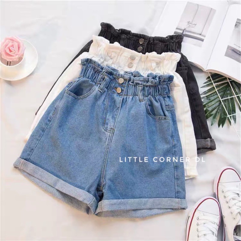 Quần đùi short jean lưng chun co dãn hai nút quảng châu có sẵn