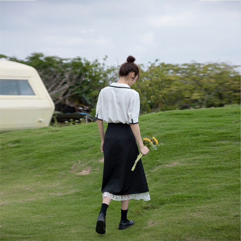 Chân váy đen lưng cao xẻ tà phong cách mùa hè thanh lịch cho nữ