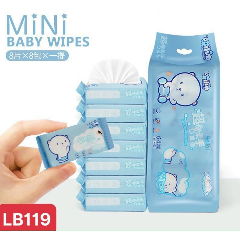 Khăn ướt mini, Giấy ướt mini bỏ túi du lịch tiện lợi 1 gói to gồm  8 gói nhỏ,,1 gói nhỏ gồm 8 khăn