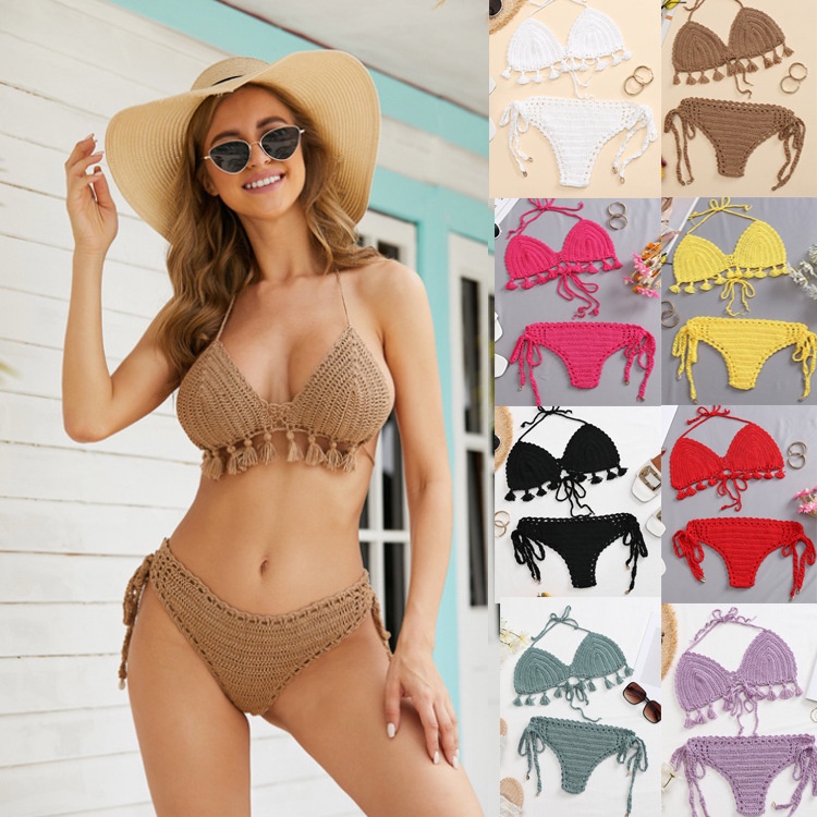 Bikini Dệt Kim Thiết Kế Tua Rua Quyến Rũ Cho Nữ