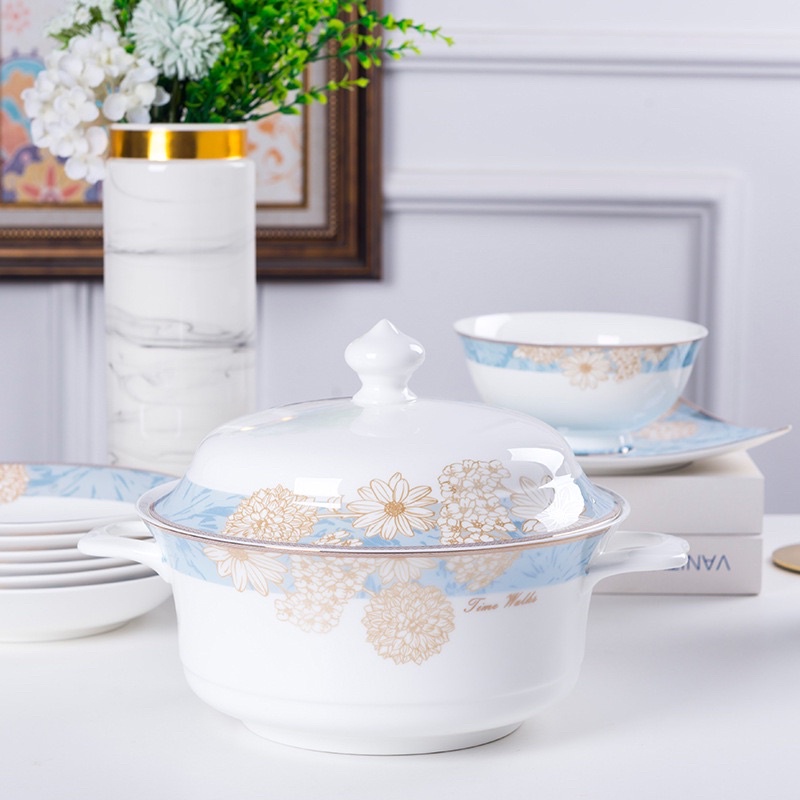 Bộ bát đĩa sứ xương cao cấp họa tiết hoa cúc, phong cách hoàng gia, sang trọng & tinh tế