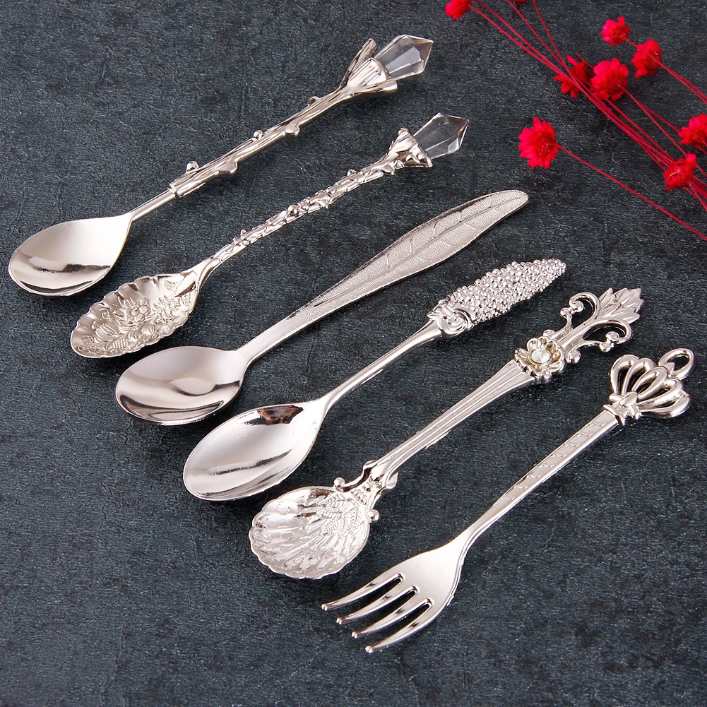 Bộ 6 muỗng nĩa cho bàn uống cà phê, tráng miệng theo phong cách vintage hoàng gia