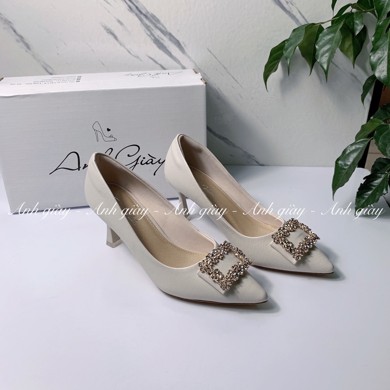 CG07 - Giày cưới, Giày cô dâu,Giày cao gót da lộn gót nhọn 7p nơ khoá vuông đá siêu sang , cực chắc chắn phù hợp dự tiệc