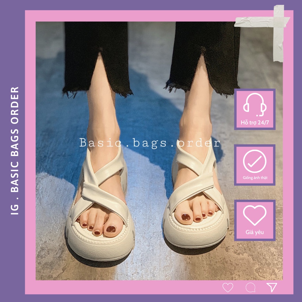 Giày sandal nữ ulzzang, sandal nữ quai chéo da pu đế bánh mì màu đen và trắng thời trang nữ
