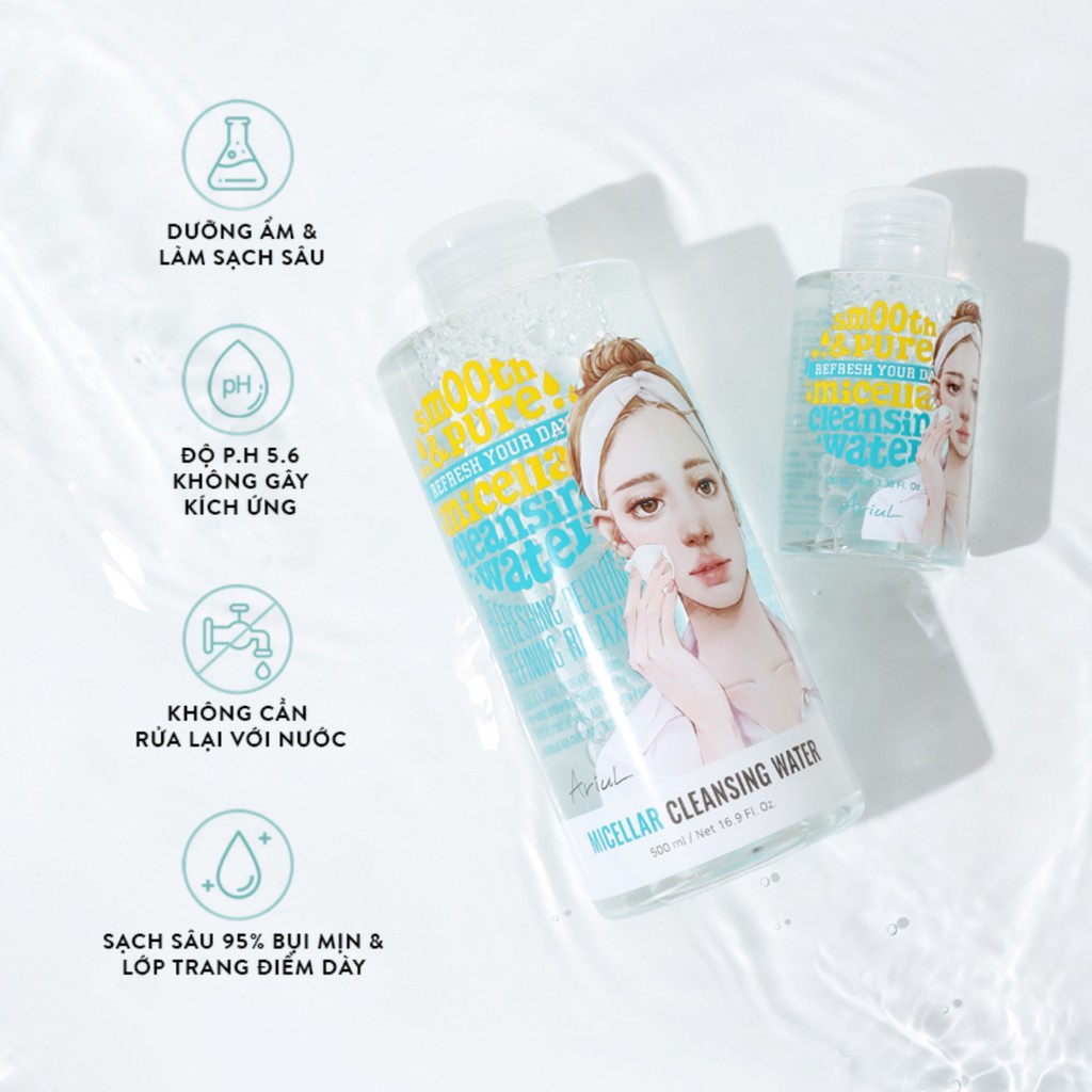 Nước tẩy trang Ariul Smooth &amp; Pure Micellar Water sạch sâu dưỡng ẩm (500 ml)