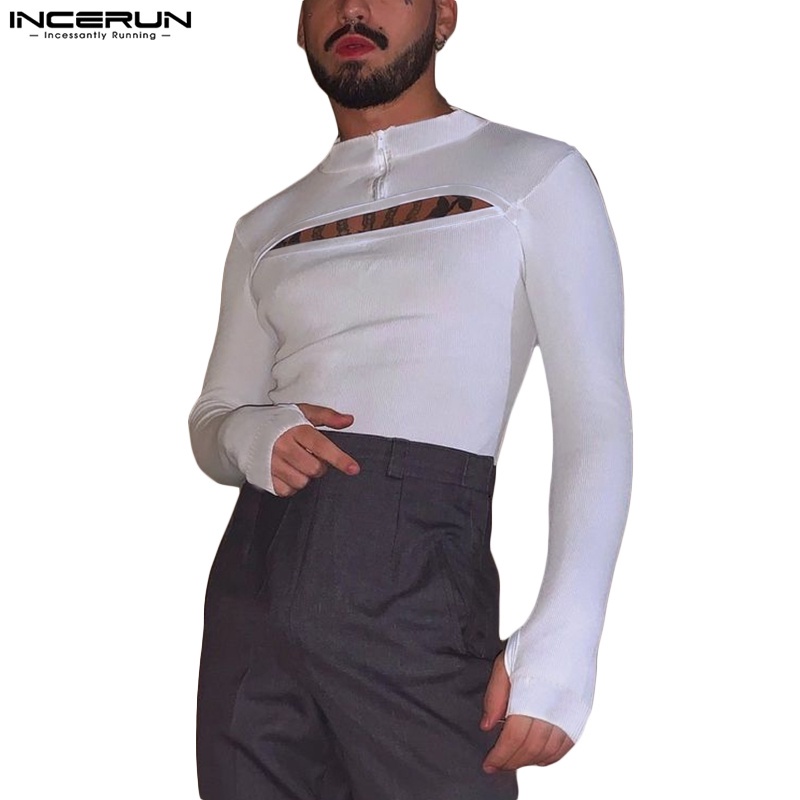 Áo thun INCERUN tay dài màu trơn thiết kế khoét lỗ có khóa kéo thời trang quyến rũ cho nam