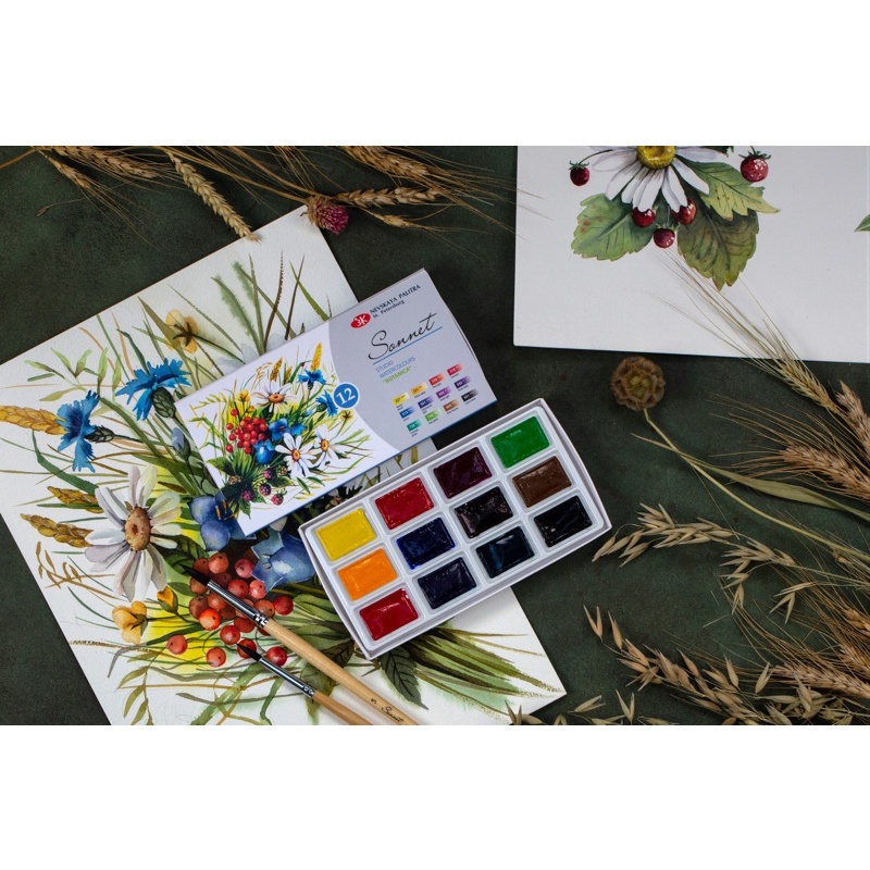 [Hãng NEVAKAYA PALITRA] Màu nước nén SONNET 12 màu set mới  Bảng màu phong cảnh và Bảng màu vẽ hoa