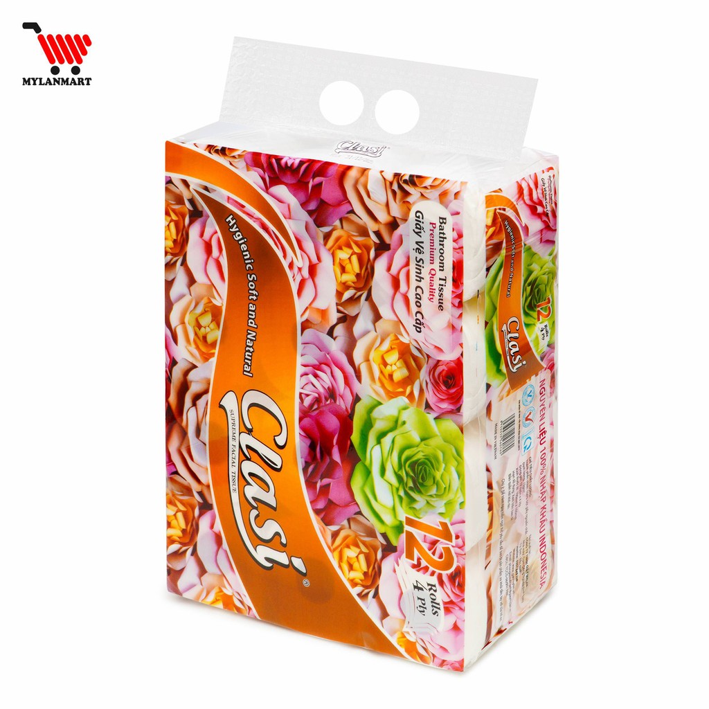 Giấy Vệ Sinh Clasi Hoa Hồng 4 Lớp Mylan (12 Cuộn/1.7kg/Xách) siêu dai, mềm mịn, tan nhanh trong nước